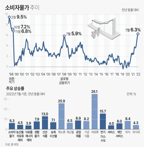 2일 통계청이 발표한 '7월 소비자물가동향'에 따르면 지난달 소비자물가지수는<br>
108.74(2020=100)로 작년 같은 달보다 6.3% 올랐다.<br>
이는 환율 급등으로 물가가 가파르게 오른 외환위기 당시인 1998년 11월(6.8%) 이후 가장 높은 상승률이다.