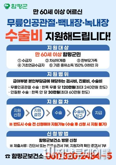 함평군, 취약계층 노인에 무릎인공관절·안질환 의료비 지원