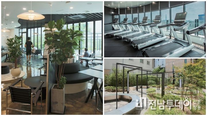 시계방향으로 콘퍼런스룸, 웰컴 짐 운동기구 세팅 모습, 라운지 가든 시설 모습. (사진=금산개발)