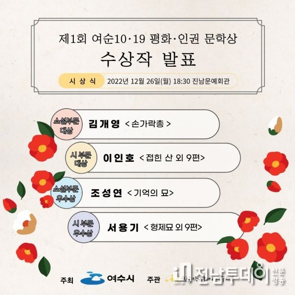여수시, ‘제1회 여순10·19 평화·인권 문학상’ 수상작 선정
