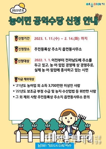 여수시, 농어민 공익수당 11일부터 접수