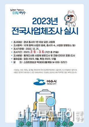 여수시(시장 정기명)가 오는 9일부터 내달 6일까지 지역 내 3만4천여 개의 사업체를 대상으로 통계조사에 나선다.