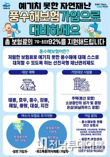 여수시(시장 정기명)가 예기치 못한 자연재난 피해를 대비할 수 있도록 ‘풍수해보험’ 보험료를 최대 92%까지 지원한다.