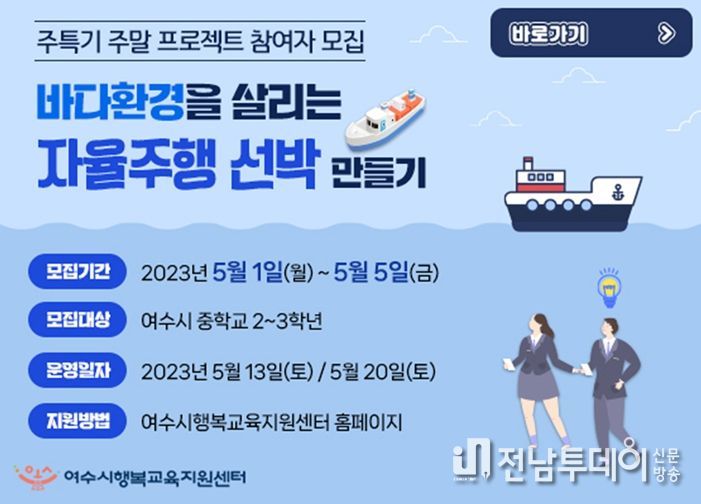 여수시행복교육지원센터가 지역 내 중학교 2~3학년 대상으로 ‘바다환경 지킴이 자율주행선박 만들기’ 참여자를 오는 5일까지 모집한다.