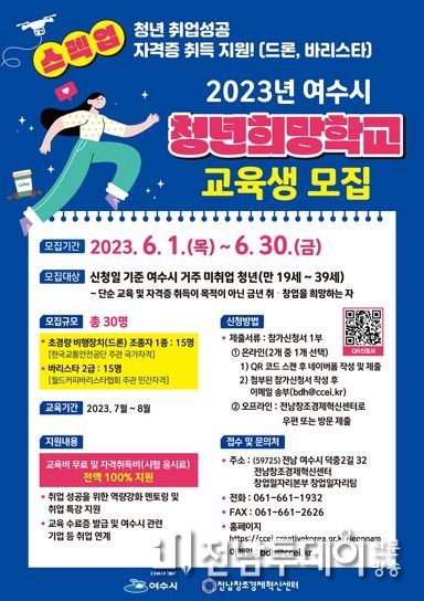 여수시가 미취업 지역청년에게 전문자격 취득 기회를 제공하는 ‘청년희망학교’ 참여자를 오는 30일까지 모집한다.