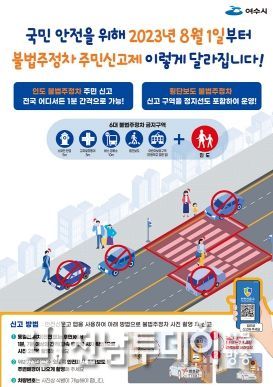 여수시가 보행자 안전 강화와 선진 교통문화 정착을 위해 오는 8월 1일부터 불법 주정차 주민신고제 대상 구역을 확대 운영한다.