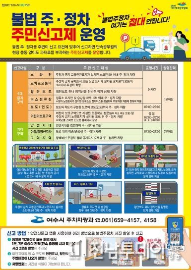 여수시가 이달부터 불법 주·정차구역 주민신고제를 기존 5대 구역에서 6대 구역으로 확대·운영한다.