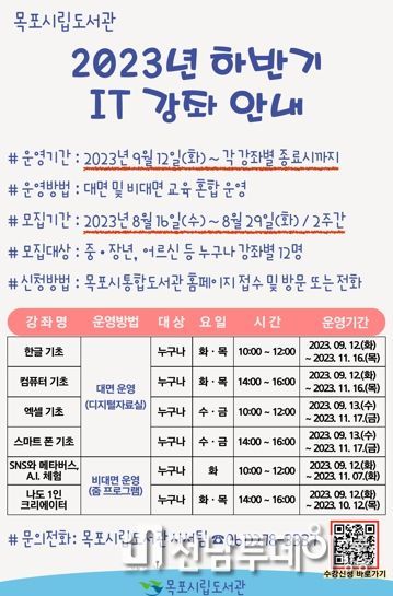 목포시립도서관이 하반기 IT 강좌에 참여할 수강생을 모집한다.
