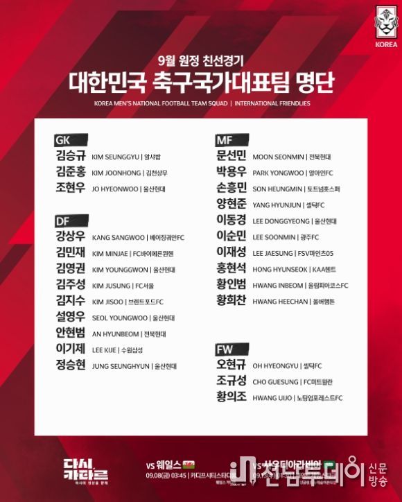 9월 A매치 명단 발표