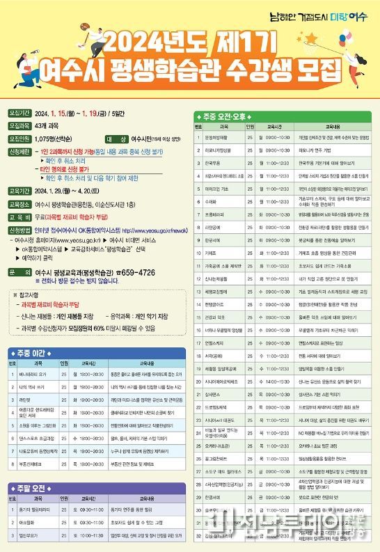 여수시 평생학습관에서 오는 15일부터 19일까지 5일간 제1기 프로그램 수강생을 선착순 모집한다.