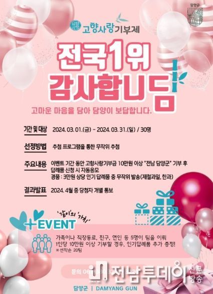 담양군, 2023년 고향사랑기부금 모금 1위 달성 기념 이벤트 진행