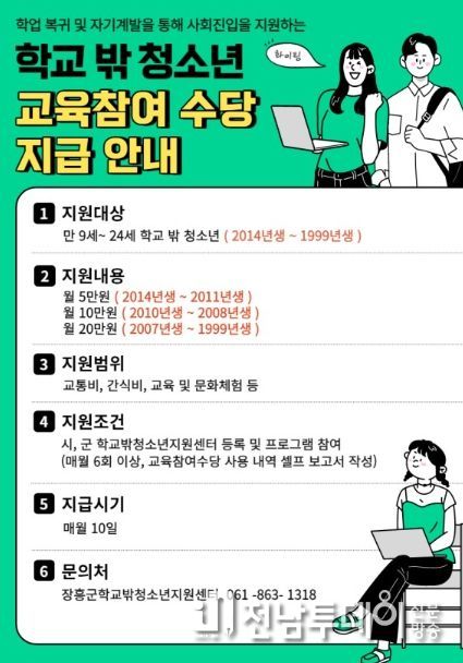 장흥군학교밖청소년지원센터 2024년 교육참여수당 지급