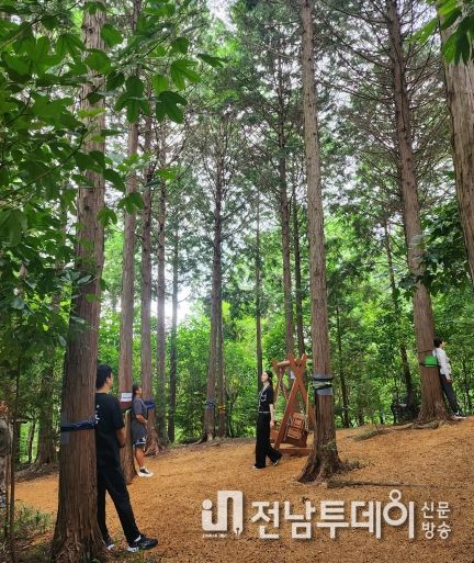 학교운동부 지도자들이 장흥 정남진편백숲우드랜드에서 ‘몸-마음-삶 회복클럽’ 프로그램에 참여하고 있다.