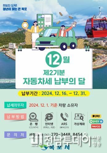 목포시,‘12월 정기분 자동차세’ 납부하세요