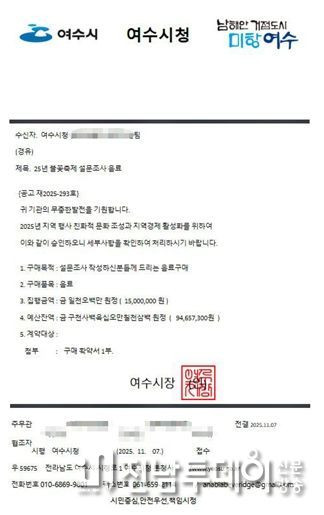 ‘25년 불꽃축제 설문조사 음료‘라는 제목의 여수시청 공문을 모방한 사칭 문서