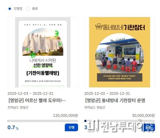 영암군, 고향사랑기금 지정기부 모금 중…기찬이동빨래방, 기찬장터 운영비