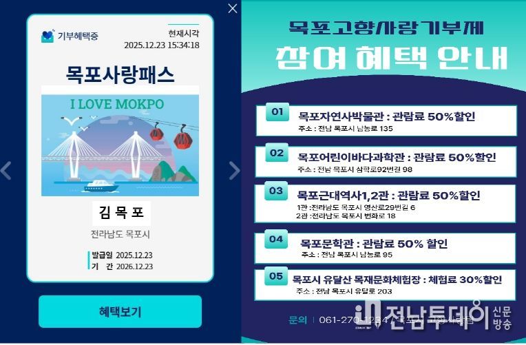 목포사랑패스 및 할인혜택 목록