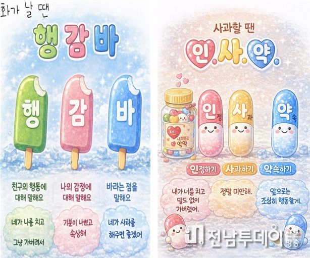 ‘행감바 인사약 포스터’는 인성교육 꾸러미 자료 중 하나로 학생들이 화가날 때 사과할 때 대화하는 방법을 이미지와 글로 나타낸 자료이다.