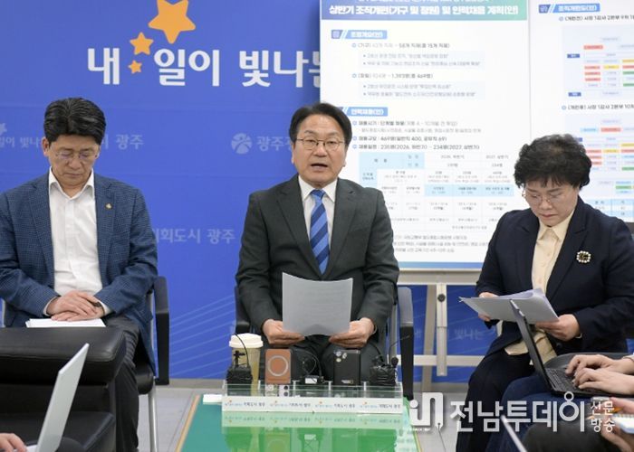 강기정 광주광역시장이 24일 시청 기자실에서 기자들을 만나 도시철도 2호선 개통에 대비한 역대 최대규모 신규 인력 채용계획을 설명하고 있다. /광주광역시 제공