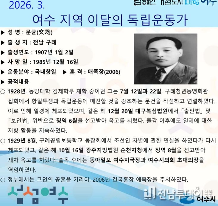 여수시는 2026년 3월의 독립운동가로 전남 구례 출신 ‘문균(文均)’ 선생을 선정했다.