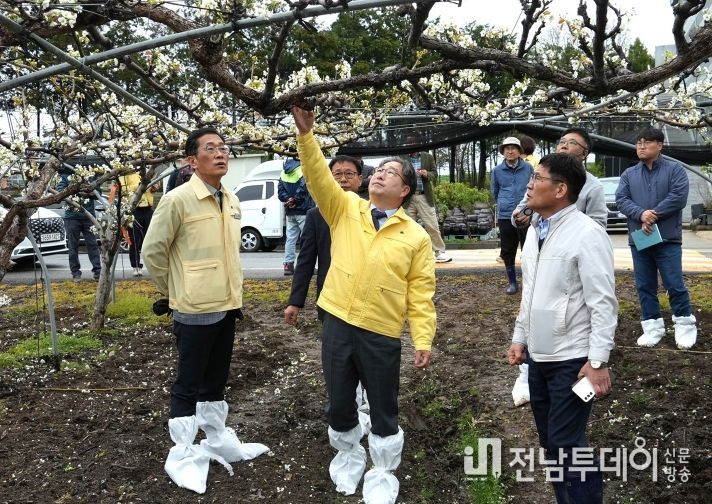 강상구 나주시장 권한대행(가운데)이 지난 6일 우박 피해를 본 노안면의 배 농가를 방문해 피해 상황을 확인하고 농민들의 애로를 청취했다.(사진 제공-나주시)