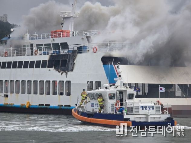 해남 땅끝항 정박 여객선 화재 진압 중인 완도해경의 모습